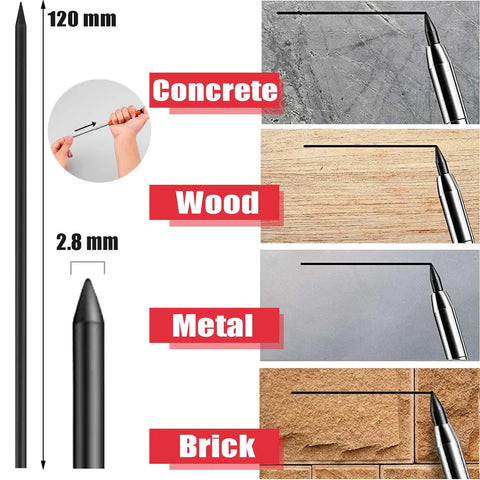 Rock Solid 2.8mm Carpenter Pencil Lead Refills 36 Piece Bulk Pack for marking concrete, wood, metal, and brick surfaces.