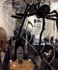 Massive 200 Inch Halloween Spider Web Plus 59 Inch Giant Fake Spider setup, showing black spider with red eyes in spooky decor.