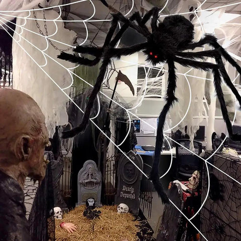 Massive 200 Inch Halloween Spider Web Plus 59 Inch Giant Fake Spider setup, showing black spider with red eyes in spooky decor.
