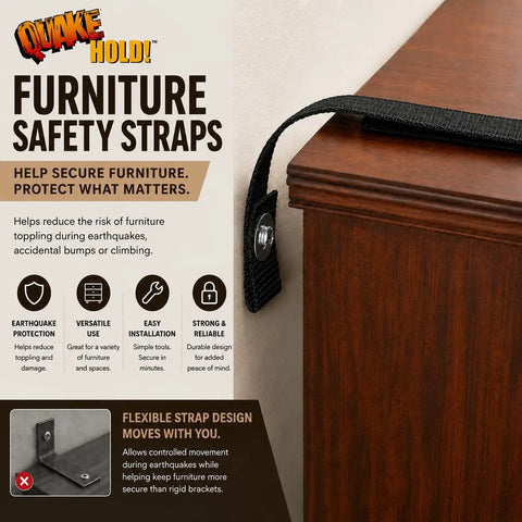 Top Tier Anti Tip Furniture Safety Straps Keep Your Cabinet And Entertainment Center Units Rock Solid Peel Press Adhesive Mount With Wall Screw Anchor, black nylon strap on wood cabinet edge.