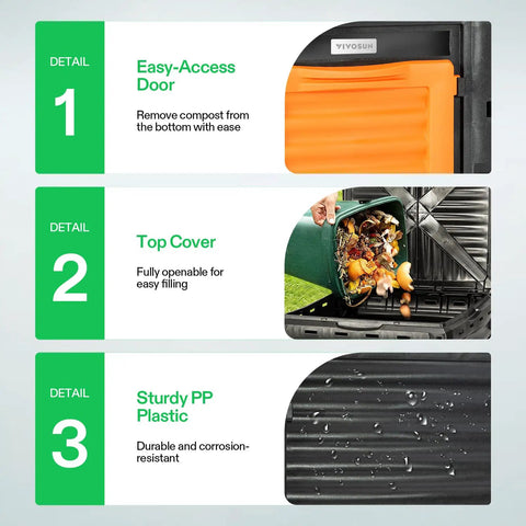 Heavy Duty Outdoor Compost Bin 80 Gallon Capacity 300L Barrel For Fast Fermentation with easy-access door and top cover features.
