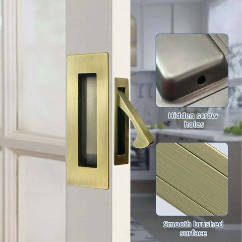Pocket Door Hardware Set With Edge Pulls And Recessed Flush Pulls In Antique Brass, door handle with hidden screws