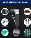 Heavy Duty Pneumatic Die Grinder With 90 Degree Right Angle Air Inlet For Tough Metal Polishing And Quick Corner Edging showcased with various applications.