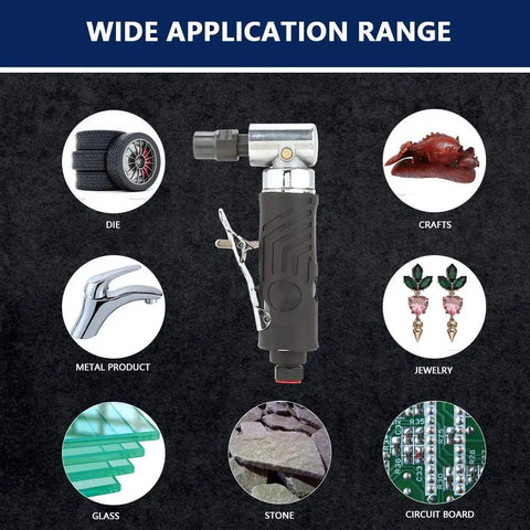 Heavy Duty Pneumatic Die Grinder With 90 Degree Right Angle Air Inlet For Tough Metal Polishing And Quick Corner Edging showcased with various applications.