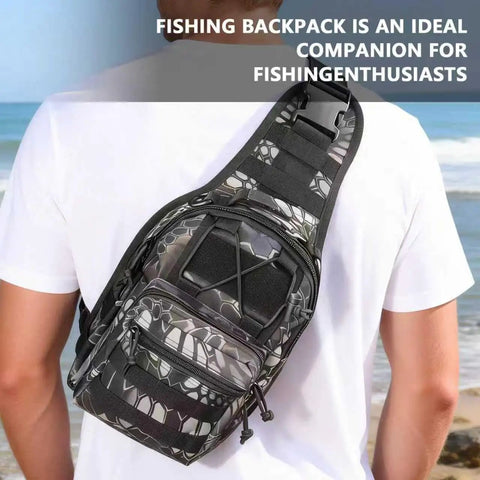 Person wearing Large Capacity Fishing Backpack With Three Carrying Options Backpack Sling Or Chest Use Waterproof 900D Oxford Fabric Tear And Wear Resistant For Outdoor Fishing Travel Hiking And Hunting 8 By 5.5 By 11 Inches Pythonskin Black by the sea.