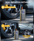 Go-To Portable Tire Inflator With Gauge 150 PSI shown inflating car tire using dual inflation methods