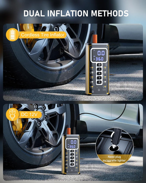 Go-To Portable Tire Inflator With Gauge 150 PSI shown inflating car tire using dual inflation methods