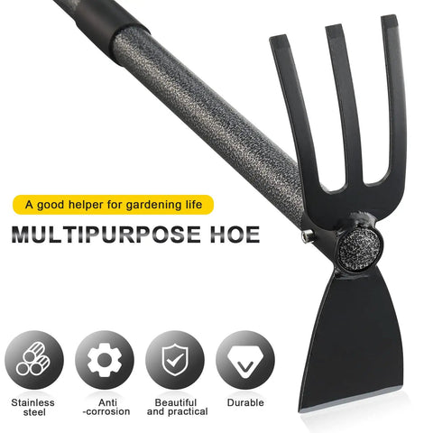 Close-up of 2 In 1 Garden Hoe Cultivator With 45 Inch Long Handle for Weeding and Soil Loosening, showing durable steel head.