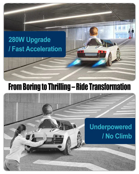 Child driving ride-on car with 280W upgrade using Beefed-Up 24V RS775 Motor Gearbox Upgrade For Kids Ride On Cars with metal gears.
