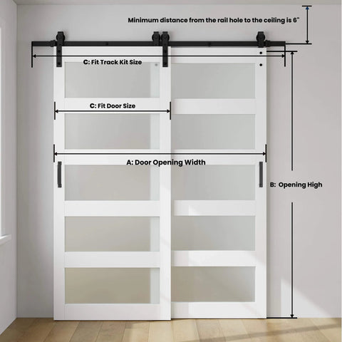 Space Saver Double Glass Barn Door Kit With 6.6 Ft Bypass Hardware For 60 To 64 Inch Openings, 5-Panel Frosted Glass, Easy Install