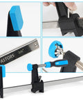 36 Inch Bar Clamps Set for Woodworking, 4 Pack, showcasing serrated steel rails and quick-release mechanism.