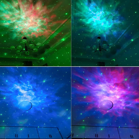 Nebula Night Light Projector For Kids With 8 Nebula Effects And Green Twinkling Stars creating galaxy scenes on ceiling