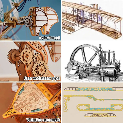 Steampunk DIY Airship Model Kit For Gearheads And Collectors, Build A Fantasy Flying Vessel With Brass Gears Pulleys And Steam Tech collage