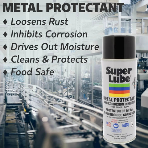 Image of Metal Protectant And Corrosion Inhibitor Aerosol Spray For Automotive Marine And Industrial Use Pro Grade Heavy Duty Anti Rust And Anti Corrosion NSF Food Grade Lubricant Moisture Displacing Lubricant 11 Oz in a can against industrial background.