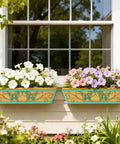 Two Pack 24 Inch Window Boxes Planter With Adjustable Brackets For Porch Deck Balcony Railing Hanging Butterfly Decorative Pattern Flower Baskets And Non Woven Fabric Liner For Outdoor Plants Green