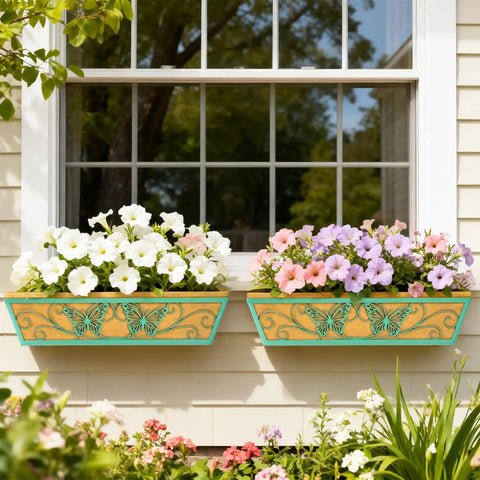 Two Pack 24 Inch Window Boxes Planter With Adjustable Brackets For Porch Deck Balcony Railing Hanging Butterfly Decorative Pattern Flower Baskets And Non Woven Fabric Liner For Outdoor Plants Green