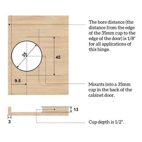 Diagram showing dimensions of 35mm cup for 8 Pack Self Closing Cabinet Hinges Replacement, 110 Degree Concealed Pivot Hinges.
