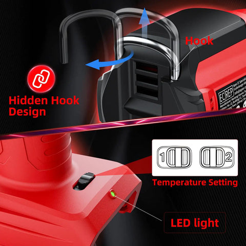 Cordless 18V Heat Gun With 350W Power And 1022 Fahrenheit High Temp Pro Grade Variable Temperature Control showing hook design and LED light
