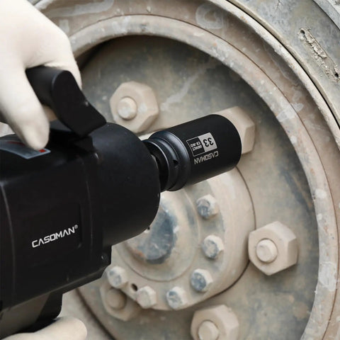 Three Quarter Inch Drive 33 Millimeter Axle Nut Impact Socket Six Point Deep Impact Socket in use on wheel hub