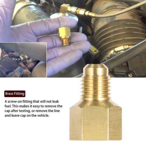 Brass fuel pressure test fitting with billet aluminum cap and pressure port for Ford 6.0L Powerstroke diesel (close-up)