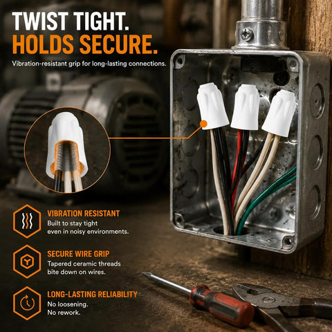 Heavy Duty Ceramic Wire Nuts Set Insanely Tough Porcelain Twist On Connectors in an electrical box with secure wire grip.