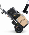 Powerful 1500W Motorized Stair Climbing Hand Truck Dolly Cart For Heavy Loads Up To 880 Lbs Ideal For Moving Furniture Appliances And Inventory Across Floors With Easy Control And Durable Construction, black stair-climbing hand truck with crate and hose