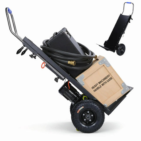 Powerful 1500W Motorized Stair Climbing Hand Truck Dolly Cart For Heavy Loads Up To 880 Lbs Ideal For Moving Furniture Appliances And Inventory Across Floors With Easy Control And Durable Construction, black stair-climbing hand truck with crate and hose