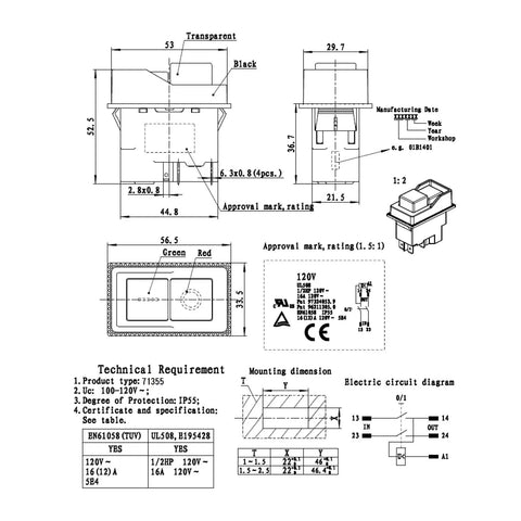 Technical diagram of Magnetic 120V On Off Switch With Push Button, 9 Amp Safety Power Switch For Table Saws Router Tables Drill Presses Benchtop Saws And Bandsaws, Prevent Auto Restart After Power Loss, Includes Wiring Diagram, showing dimensions and specifications.