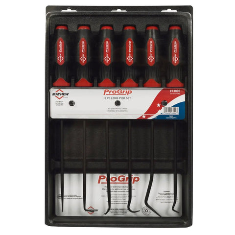 ProGrip 6-piece long pick set with black oxide finish in packaging for pros and DIYers, includes various angled picks for precision work.