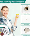 Drywall Repair Kit For Large Holes And Damaged Walls 25 Piece Patch Set With Scrapers Sandpaper And Gloves Includes 2x3 4x7 6x6 8x4 Inch Patches Quick Fix For Ceiling And Bathroom Walls with woman holding scraper
