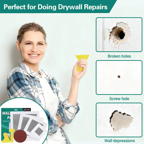 Drywall Repair Kit For Large Holes And Damaged Walls 25 Piece Patch Set With Scrapers Sandpaper And Gloves Includes 2x3 4x7 6x6 8x4 Inch Patches Quick Fix For Ceiling And Bathroom Walls with woman holding scraper