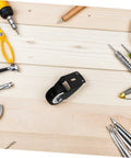 Built Tough Heavy Duty Sliding Door Wheels Featuring Whisper Quiet Rollers For Barn Door Hardware on wooden surface with tools.