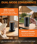 No Cap Self Heating Coffee Mug 14 Oz Rechargeable Smart Temperature Control Cup with and without coaster for flexible use.
