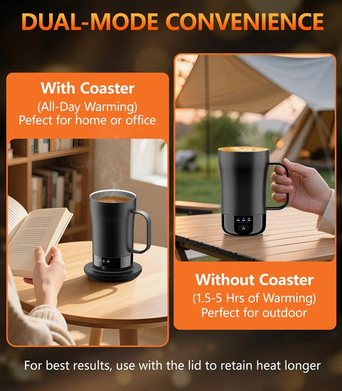 No Cap Self Heating Coffee Mug 14 Oz Rechargeable Smart Temperature Control Cup with and without coaster for flexible use.