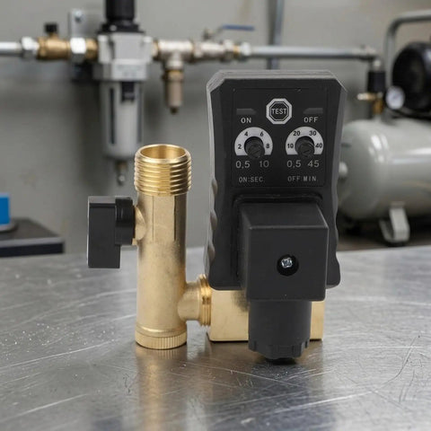 Auto Drain Valve For Air Compressor Condensate Management Electronic Timer Control Adjustable Discharge System close-up view of brass valve with timer control