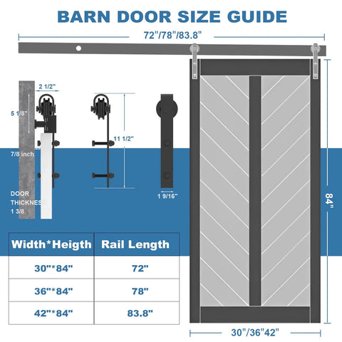 42 Inch By 84 Inch Five Panel Sliding Barn Door With Tempered Frosted Glass, Interior Room Door With Hardware Kit Included diagram