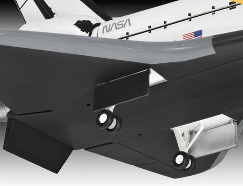 Space Shuttle Atlantis 1 To 144 Scale Model Kit With 64 Parts, Multicolor Finish, showing landing gear details.