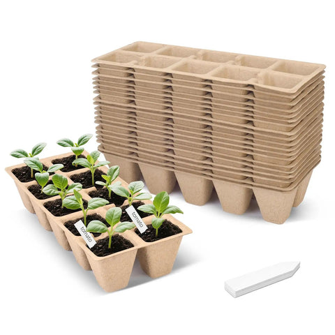 Stack of 200 Cell Peat Pots Seed Starter Trays For Seedlings, 20 Pack Germination Trays With Labels, Biodegradable Pulp Pots