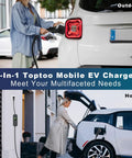 Portable Level 1 And 2 EV Charger For J1772 Electric Vehicles Three Point Five Kilowatt Sixteen Amp Plug And Go Digital Timer Control Smooth Operator Household Setup No Hassle Whip Ready charging an electric vehicle in an outdoor setting.