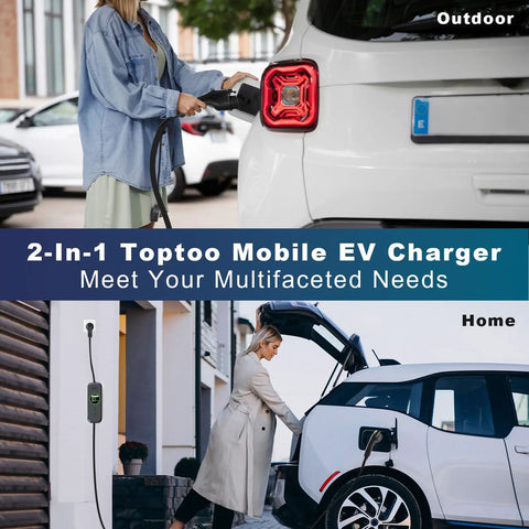 Portable Level 1 And 2 EV Charger For J1772 Electric Vehicles Three Point Five Kilowatt Sixteen Amp Plug And Go Digital Timer Control Smooth Operator Household Setup No Hassle Whip Ready charging an electric vehicle in an outdoor setting.