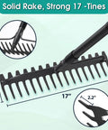 Close-up of 63 Inch Heavy Duty Metal Bow Rake with 17 tines, labelled for lawn and garden cleanup, tough outdoor jobs, beast yard rake.
