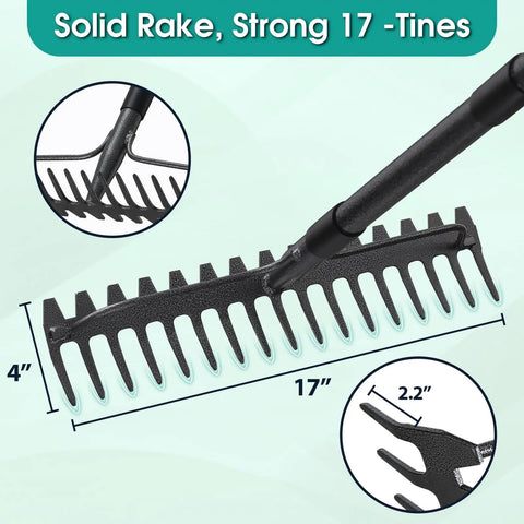 Close-up of 63 Inch Heavy Duty Metal Bow Rake with 17 tines, labelled for lawn and garden cleanup, tough outdoor jobs, beast yard rake.