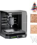 Genmitsu Cubiko CNC router with enclosure; desktop PCB/wood milling machine, shown with four sample patterns.