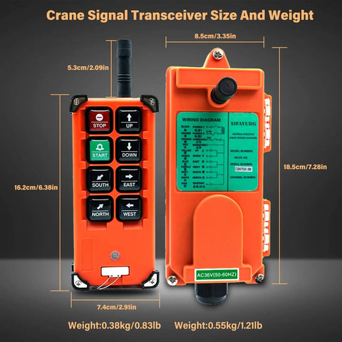 Heavy Duty Full Voltage Industrial Wireless Crane Remote Control Kit For Electric Lift Hoist And Overhead Tower Bridge Systems, 12V To 440V, 315MHz RF, Includes Two Transmitters And One Receiver, Orange, showing dimensions and weight details