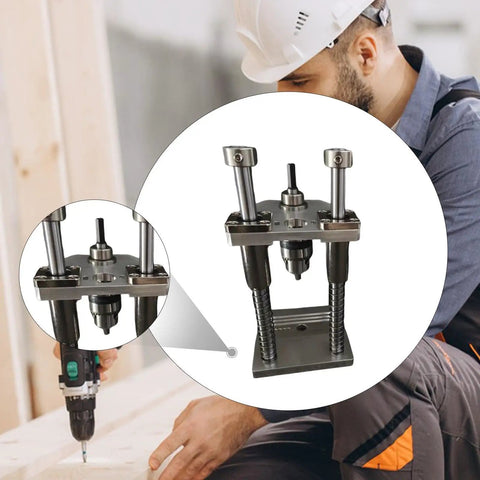 Vertical Drill Guide Attachment For DIY Pros Easy To Install Portable Compact Drill Press Stand shown on a workbench with a worker.