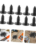 Straight Up Kickass 100 Pack Miniature Metal Furniture Screws With Ultra Deep Threads For Effortless Home Projects And Cabinet Assembly showing 10 black screws on a white background.