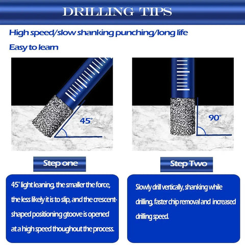 8 Piece Diamond Drill Bit Set For Tile And Stone, drilling tips instructions with 45 and 90 degree angles on granite surface.