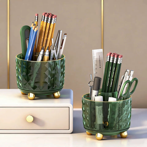 Dark Green 6 Compartment Desk Organizer With 360 Degree Rotating Pen And Pencil Holder for office supplies, side view