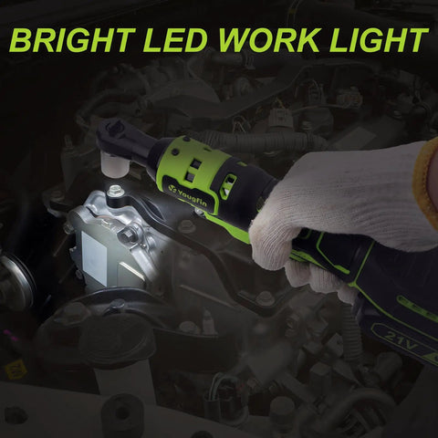 Cordless 3/8 Inch Electric Ratchet Wrench Kit With 12V Power, 40 Ft Lbs Torque, in use with built-in LED light in engine area.