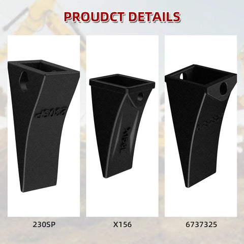 Comparison of 230SP, X156, and 6737325 bucket teeth in black cast iron for mini excavators, showing size and design variations.